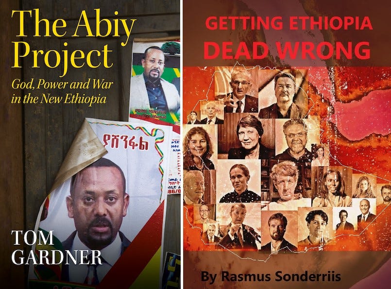 Another book about African savagery: SELF-PROJECTION Juxtaposition of two book covers: "Getting Ethiopia Dead Wrong" by Rasmus Sonderriis and "The Abiy Project" by Tom Gardner, highlighting contrasting narratives on Ethiopia's recent political history. Silhouette of a young Afar man standing on the seashore at sunset, with two camels walking along the landscape to his left and the sea in the background.