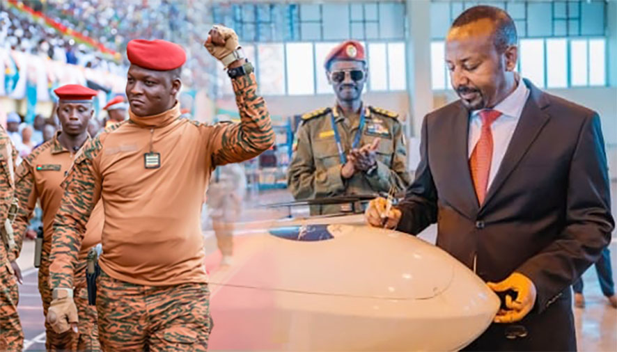 Africa’s Debt-Free Future Is in Motion: Sovereignty as the New Standard African economic sovereignty concept: Ethiopian PM Abiy Ahmed signing a locally manufactured drone, juxtaposed with Ibrahim Traoré saluting the public in Mali, symbolizing debt independence and continental leadership.